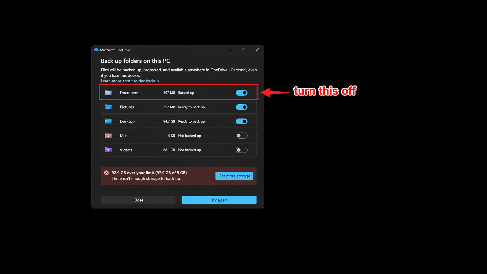 Turn off the Documents toggle in OneDrive backup settings