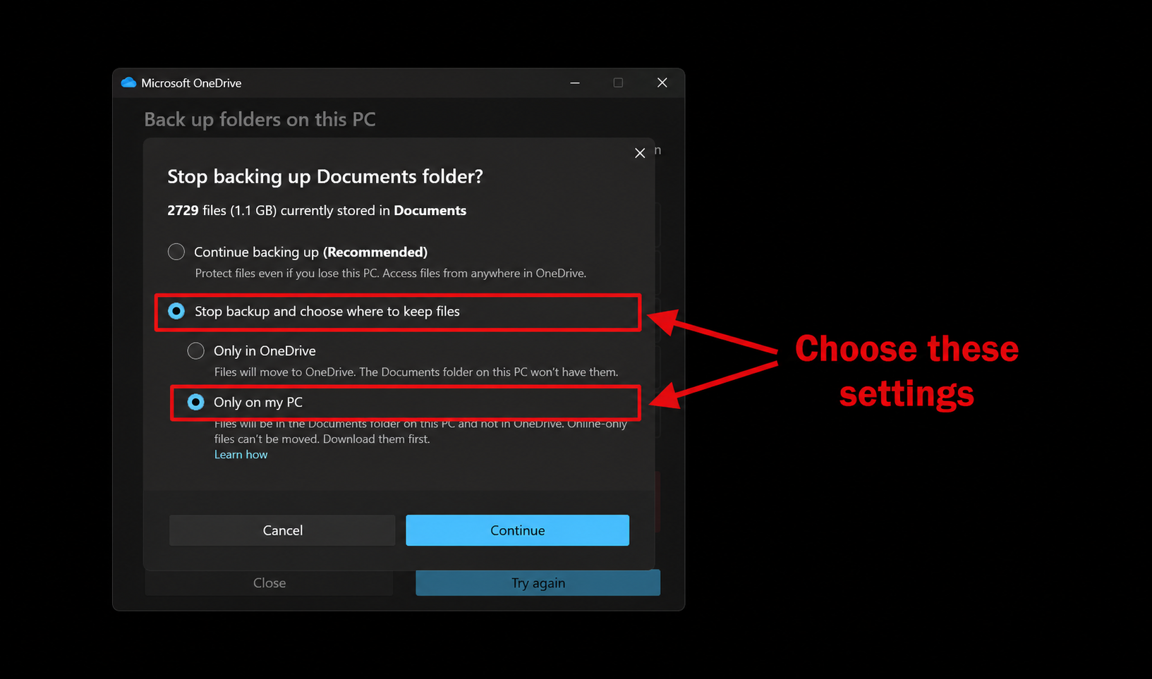 Stop backup and keep Documents only on this PC