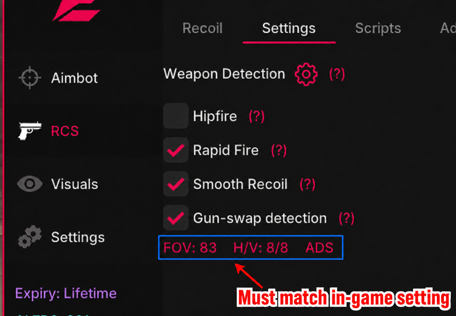 Ethereal RCS menu FOV / H-V / ADS readout that must match your in-game settings